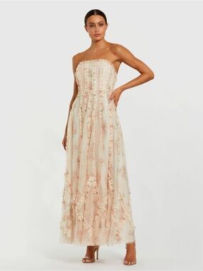 Mac Duggal 8308 Pink and White Strapless Floral Ruffle Dress Size 12 NWT